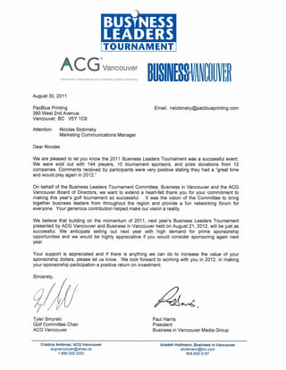 Business Leaders Golf Tournament Thank You Letter to PacBlue Printing
