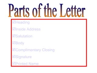 Parts of the Letter Heading Inside Address Salutation Body Complimentary Closing Signature Printed Name 