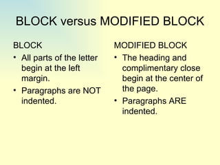 BLOCK versus MODIFIED BLOCK <ul><li>BLOCK </li></ul><ul><li>All parts of the letter begin at the left margin. </li></ul><u...