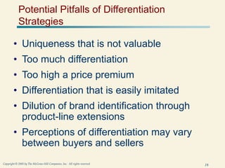 16
Copyright © 2005 by The McGraw-Hill Companies, Inc. All rights reserved.
Potential Pitfalls of Differentiation
Strategies
• Uniqueness that is not valuable
• Too much differentiation
• Too high a price premium
• Differentiation that is easily imitated
• Dilution of brand identification through
product-line extensions
• Perceptions of differentiation may vary
between buyers and sellers
 