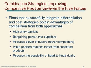 23
Copyright © 2005 by The McGraw-Hill Companies, Inc. All rights reserved.
Combination Strategies: Improving
Competitive Position vis-à-vis the Five Forces
• Firms that successfully integrate differentiation
and cost strategies obtain advantages of
competition from both approaches
• High entry barriers
• Bargaining power over suppliers
• Reduces power of buyers (fewer competitors)
• Value position reduces threat from substitute
products
• Reduces the possibility of head-to-head rivalry
 