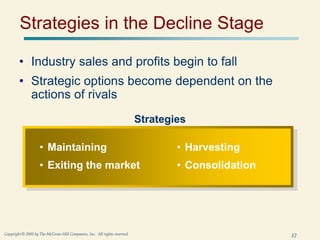 32
Copyright © 2005 by The McGraw-Hill Companies, Inc. All rights reserved.
Strategies in the Decline Stage
• Industry sales and profits begin to fall
• Strategic options become dependent on the
actions of rivals
Strategies
• Maintaining
• Exiting the market
• Harvesting
• Consolidation
 