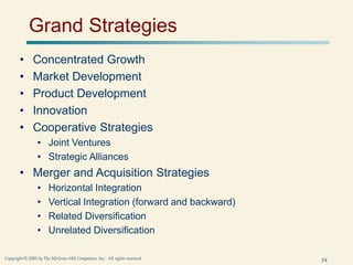 34
Copyright © 2005 by The McGraw-Hill Companies, Inc. All rights reserved.
Grand Strategies
• Concentrated Growth
• Market Development
• Product Development
• Innovation
• Cooperative Strategies
• Joint Ventures
• Strategic Alliances
• Merger and Acquisition Strategies
• Horizontal Integration
• Vertical Integration (forward and backward)
• Related Diversification
• Unrelated Diversification
 