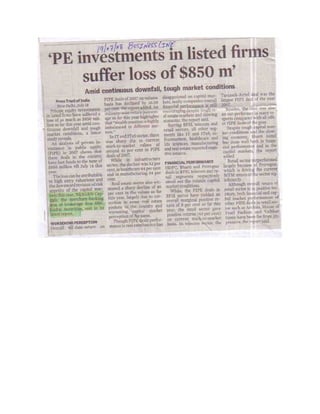 Business Line, July 19, 2008 - PE investments in listed firms suffer amid continuous downfall, tough market conditions
