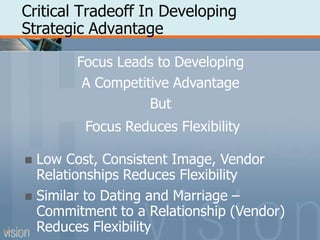 Critical Tradeoff In Developing
Strategic Advantage
PPT 5-27
Focus Leads to Developing
A Competitive Advantage
But
Focus Reduces Flexibility
 Low Cost, Consistent Image, Vendor
Relationships Reduces Flexibility
 Similar to Dating and Marriage –
Commitment to a Relationship (Vendor)
Reduces Flexibility
 