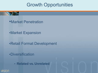 Growth Opportunities
PPT 5-28
•Market Penetration
•Market Expansion
•Retail Format Development
•Diversification
- Related vs. Unrelated
 