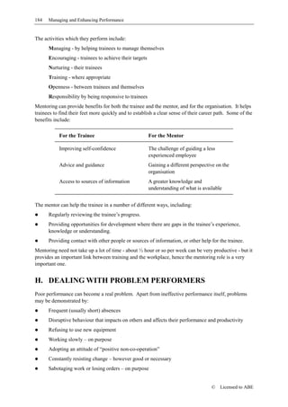 184   Managing and Enhancing Performance


The activities which they perform include:
      Managing - by helping trainees to manage themselves
      Encouraging - trainees to achieve their targets
      Nurturing - their trainees
      Training - where appropriate
      Openness - between trainees and themselves
      Responsibility by being responsive to trainees
Mentoring can provide benefits for both the trainee and the mentor, and for the organisation. It helps
trainees to find their feet more quickly and to establish a clear sense of their career path. Some of the
benefits include:

           For the Trainee                              For the Mentor

           Improving self-confidence                    The challenge of guiding a less
                                                        experienced employee
           Advice and guidance                          Gaining a different perspective on the
                                                        organisation
           Access to sources of information             A greater knowledge and
                                                        understanding of what is available


The mentor can help the trainee in a number of different ways, including:
      Regularly reviewing the trainee’s progress.
      Providing opportunities for development where there are gaps in the trainee’s experience,
      knowledge or understanding.
      Providing contact with other people or sources of information, or other help for the trainee.
Mentoring need not take up a lot of time - about ½ hour or so per week can be very productive - but it
provides an important link between training and the workplace, hence the mentoring role is a very
important one.


H. DEALING WITH PROBLEM PERFORMERS
Poor performance can become a real problem. Apart from ineffective performance itself, problems
may be demonstrated by:
      Frequent (usually short) absences
      Disruptive behaviour that impacts on others and affects their performance and productivity
      Refusing to use new equipment
      Working slowly – on purpose
      Adopting an attitude of “positive non-co-operation”
      Constantly resisting change – however good or necessary
      Sabotaging work or losing orders – on purpose


                                                                                     ©    Licensed to ABE
 