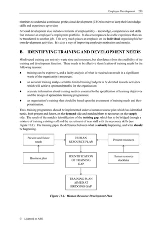 Employee Development      239


members to undertake continuous professional development (CPD) in order to keep their knowledge,
skills and experience up-to-date
Personal development also includes elements of employability – knowledge, competencies and skills
that enhance an employee’s employment portfolio. It also encompasses desirable experience that can
be transferred to another job. This very much places an emphasis on the individual organising his/her
own development activities. It is also a way of improving employee motivation and morale.


B. IDENTIFYING TRAINING AND DEVELOPMENT NEEDS
Misdirected training can not only waste time and resources, but also detract from the credibility of the
training and development function. There needs to be effective identification of training needs for the
following reasons:
      training can be expensive, and a faulty analysis of what is required can result in a significant
      waste of the organisation’s resources;
      an accurate training analysis enables limited training budgets to be directed towards activities
      which will achieve optimum benefits for the organisation;
      accurate information about training needs is essential to the specification of learning objectives
      and the design of appropriate training programmes;
      an organisation’s training plan should be based upon the assessment of training needs and their
      prioritisation.
Thus, training programmes should be implemented under a human resource plan which has identified
needs, both present and future, on the demand side and matched them to resources on the supply
side. The result of the match is identification of the training gap, which has to be bridged through a
mixture of training existing staff and the recruitment of new staff with the necessary skills (see
Figure 10.1). The training gap is the difference between what is actually happening, and what should
be happening.

      Present and future                    HUMAN
                                                                               Present resources
            needs                        RESOURCE PLAN



                                          IDENTIFICATION                        Human resource
        Business plan
                                            OF TRAINING                           stocktake
                                                GAP



                                          TRAINING PLAN
                                            AIMED AT
                                          BRIDGING GAP


                           Figure 10.1: Human Resource Development Plan




©   Licensed to ABE
 