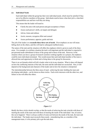 16    Management and Leadership


(c)   Individual Needs
      Each individual within the group has their own individual needs, which must be satisfied if they
      are to be effective members of the group. Individuals need to know what their job is, what their
      responsibilities are and how well they are doing.
      This means that the leader will need to:
      !      Clarify the aims with each person and gain acceptance of them
      !      Assess each person’s skills, set targets and delegate
      !      Advise, listen and enthuse
      !      Assist, reassure, recognise effort and counsel
      !      Assess performance, appraise, guide and train
The job of the leader is to reconcile these three sets of needs. Over-emphasis on one will mean
falling short on the others, and this will lead to subsequent ineffectiveness.
The nature of the task and the situation will affect the emphasis which is given to each of the three
areas. For example, in a military situation the task is all-important and the individual is expected to
put personal needs subordinate to those of the group and to those of the task. However, in the
situation where you have a group of research scientists working together on a project, the emphasis
could be more individual-orientated. This would ensure that each individual member of the team is
allowed time and opportunity to think and to bring ideas to the group for discussion.
There is no set formula which will tell a leader what to do in any situation. What is done will depend
on how the conflicting interests of the task, the team and the individual are reconciled. Also, it will
depend on the background and character of the leader and on how the situation is interpreted.
The interrelationship between the three areas of need - achieving the task, building the team and
developing individuals - can be shown as three circles. Each circle intersects with the other two, and
failure in one will affect the others.



                                               Achieving
                                               the task




                                    Building            Developing
                                    the team            the individual




                                                 Figure 1.3

Ideally the three circles should overlap, so that the needs of achieving the task coincide with those of
meeting the needs of the team and with those of meeting the needs of the individual - but, of course,
this never happens! There is always conflict of some sort between the needs of the task, the team and
the individual. The leader must reconcile these needs - remembering that, as a member of the
management team, it is his primary job to get the task done.



                                                                                     ©   Licensed to ABE
 