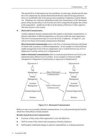 Communication        257


            The upward flow of information also faces problems. At each stage, detailed specific data
            has to be compressed, key details abstracted and then the reduced message passed on;
            there are considerable risks in this process that something of importance may be filtered
            out. Sometimes any criticisms and problems tend to be watered down as the information
            passes along, because those at one level do not wish to antagonise the people above them
            in the organisation – people do not like to be the bearers of bad news to their superiors.
            The time element is also crucial.
            Horizontal Communication
            Another important internal communication flow pattern is horizontal communication, i.e.
            between individuals in different departments or divisions within the same organisation.
            This form of communication may cut across the levels of authority. In Figure 4.1, you
            will see two forms of horizontal communication illustrated.
            Direct horizontal communication refers to the flow of information between individuals
            of similar rank or position, in different departments. In our example it is shown between
            middle management levels in the two departments, but it could be between any level in
            Department A and the similar level in Department B.
            Indirect horizontal communication refers to communication between one level in one
            department and a different level in another. In our example it is between middle
            management in Department A and foremen or supervisors in Department B.

                      Department A                                           Department B


                         Top                                                    Top
                      Management              Direct Horizontal              Management
                                               Communication
                        Middle                                                 Middle
                      Management                                             Management

                       Assistant                                              Assistant
                      Management              Indirect Horizontal            Management
                                                Communication
                Foremen/Supervisors                                      Foremen/Supervisors


                        Workers                                                  Workers



                                     Figure 11.1: Horizontal Communication

      Before we move on to consider informal communications, it is worth summarising the benefits
      which flow from effective formal channels.
      Benefits of good downward communication
            Everyone is fully aware of the organisation’s aims and objectives.
            Staff are aware of the content and consequences of policy directives.
            Staff properly understand changes in specific responsibilities or working instructions.



©   Licensed to ABE
 
