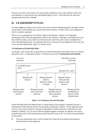 Management and Leadership      17


Of course, the task is more likely to be successfully completed on time if the members of the team
work together as a team and are also individually happy at work. A tall order but one which the
manager/supervisor has to attempt!


D. LEADERSHIP STYLES
No matter what you decide to do in terms of an action-centred leadership approach, the way in which
you go about it will probably have a great effect on the outcome. In other words, your management
style is extremely important.
There is no one management style which is right in all situations - indeed, it is an important
management skill to select the appropriate style for each situation - although it is probably true to say
that, in Britain today, a style which is on the democratic end of the scale is more acceptable than a
style at the authoritarian end. It is important, however, to beware of value judgments in this area, and
we are not here talking about “right” or “wrong” styles!

A Continuum of Leadership Styles
A manager’s style can be seen as going from an extreme authoritarian style along a line to an extreme
democratic style - as illustrated in Figure 1.4 (based on the work of Tannenbaum and Schmidt).

       Autocratic                                                        Subordinate centred
       leadership                                                                leadership

         AUTHORITARIAN
         AREA
                                                                     DEMOCRATIC AREA



                Manager sells            Manager presents           Manager defines
                  decision                    tentative             limits and asks
                                         decisions, subject          group to make
                                             to change                  decision

    Manager makes          Manager presents           Manager presents            Manager permits
    and announces          ideas and invites          problems asks for           subordinates to
       decision                questions               ideas and makes            function within
                                                           decision                defined limits

                             Figure 1.4: Continuum of Leadership Styles

On the left-hand side of the diagram there is a large portion of the manager’s authority and only a
small portion of the left-hand vertical line represents subordinates’ freedom. On the right-hand side,
however, most of the vertical line represents subordinates’ freedom and only a small portion is the
manager’s authority. So, you can see that the diagram suggests a manager can operate at any place
along the bottom line, from total and utter control himself to none at all! Let’s look at the possibilities
in more detail.
!      The most authoritarian style is on the extreme left, where the boss decides and announces
       his/her decision to the employees.



©    Licensed to ABE
 