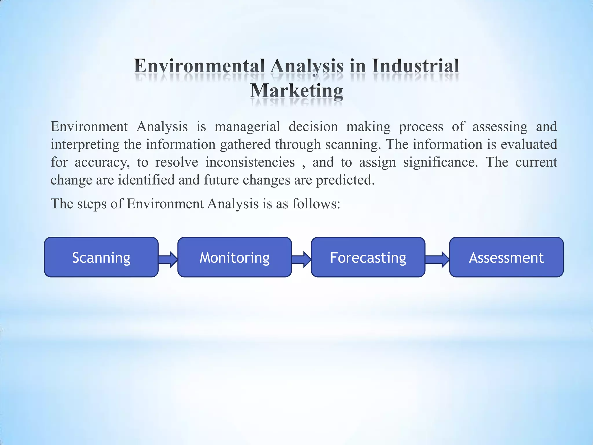 Environment Analysis is managerial decision making process of assessing and
interpreting the information gathered through scanning. The information is evaluated
for accuracy, to resolve inconsistencies , and to assign significance. The current
change are identified and future changes are predicted.
The steps of Environment Analysis is as follows:


   Scanning             Monitoring            Forecasting            Assessment
 