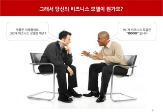 2
그래서 당신의 비즈니스 모델이 뭔가요?
제품은 이해했어요.
그런데 비즈니스 모델은 뭐죠?
예, 제 비즈니스 모델은
“OOOO” 입니다
 