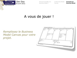 Pourquoi travailler son
Business Model ?
Le Business Model
Canvas
Exemples de
Business Model
Dev Day
26 avril 2012
www.novacite.com
A vous de jouer !
Remplissez le Business
Model Canvas pour votre
projet.
 