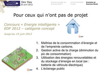 Pourquoi travailler son
Business Model ?
Le Business Model
Canvas
Exemples de
Business Model
Dev Day
26 avril 2012
www.novacite.com
Pour ceux qui n’ont pas de projet
Concours « Energie intelligente »
EDF 2012 – catégorie concept
Jusqu’au 15 juin 2012
1. Maîtrise de la consommation d’énergie et
de l’empreinte carbone,
2. Gestion active de la charge (diminution du
pic de consommation)
3. Utilisation des énergies renouvelables et
du stockage d’énergie en local (ex :
batterie de véhicule électrique)
4. L’éclairage public
 