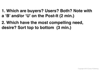 1. Which are buyers? Users? Both? Note with
a ‘B’ and/or ‘U’ on the Post-It (2 min.)
2. Which have the most compelling need,
desire? Sort top to bottom (3 min.)

Copyright 2013 Cowan Publishing

 