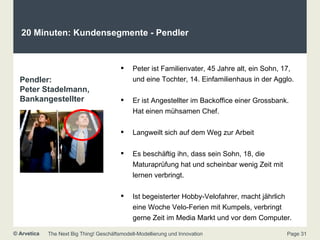 20 Minuten: Kundensegmente - Pendler Pendler: Peter Stadelmann, Bankangestellter Peter ist Familienvater, 45 Jahre alt, ein Sohn, 17, und eine Tochter, 14. Einfamilienhaus in der Agglo. Er ist Angestellter im Backoffice einer Grossbank. Hat einen mühsamen Chef. Langweilt sich auf dem Weg zur Arbeit Es beschäftig ihn, dass sein Sohn, 18, die Maturaprüfung hat und scheinbar wenig Zeit mit lernen verbringt. Ist begeisterter Hobby-Velofahrer, macht jährlich eine Woche Velo-Ferien mit Kumpels, verbringt gerne Zeit im Media Markt und vor dem Computer.  
