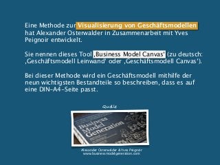 Eine Methode zur Visualisierung von Geschäftsmodellen
hat Alexander Osterwalder in Zusammenarbeit mit Yves
Peignoir entwickelt.
Sie nennen dieses Tool ,Business Model Canvas‘ (zu deutsch:
,Geschäftsmodell Leinwand‘ oder ,Geschäftsmodell Canvas‘).
Bei dieser Methode wird ein Geschäftsmodell mithilfe der
neun wichtigsten Bestandteile so beschreiben, dass es auf
eine DIN-A4-Seite passt.
Quelle

Alexander Osterwalder & Yves Peignoir
www.businessmodelgeneration.com

 