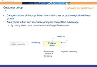 Customer group Categorizations of the population into social class or psychologically defined groups Area where a firm can specialize and gain competitive advantage By having lower costs or customer-satisfying differentiation Who are our customers? Customer group   Value proposition Reasoning (segment, community, …) CRITERION Category targeted by 2 refined by 