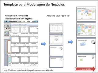 Template para Modelagem de Negócios

 Adicione um novo slide                       Adicione seus “post-its”
 e selecione um dos layouts




                                                                         … exemplo
http://adilsonchicoria.com/pages/business-model-tools
 