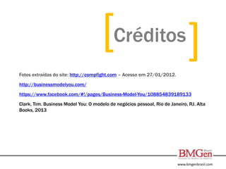 www.bmgenbrasil.com
Créditos
[ [
Fotos extraídas do site: http://compfight.com – Acesso em 27/01/2012.
http://businessmodelyou.com/
https://www.facebook.com/#!/pages/Business-Model-You/108854839189133
Clark, Tim. Business Model You: O modelo de negócios pessoal, Rio de Janeiro, RJ. Alta
Books, 2013
 