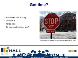 Got time? Photo credit: http://www.flickr.com/photos/mediageek/2412873536/ 30 minutes, twice a day Measure it Takes notes Do you need more or less? 