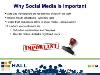 Why Social Media is Important More and more people are researching things on the web Word of mouth advertising - with new tools People trust companies active in social media – accountability It is where your customers are 350 million registered users   on  Facebook Over 60 million  LinkedIn  registered users 