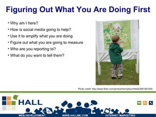 Figuring Out What You Are Doing First Why am I here?  How is social media going to help? Use it to amplify what you are doing Figure out what you are going to measure Who are you reporting to? What do you want to tell them? Photo credit: http://www.flickr.com/photos/henrybloomfield/2681991904 / 