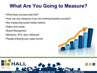 What Are You Going to Measure? What does success look like? How can you measure if you are working towards success?  Not measuring social media metrics Sales and Leads  Brand Recognition Mentions, RTs, fans, followers People entering your sales funnel 