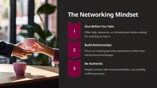 The Networking Mindset
Give Before You Take
Offer help, resources, or introductions before asking
for anything in return.
Build Relationships
Focus on creating genuine connections rather than
transactional exchanges.
Be Authentic
People connect with real personalities, not carefully
crafted personas.
 