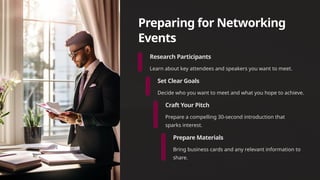 Preparing for Networking
Events
Research Participants
Learn about key attendees and speakers you want to meet.
Set Clear Goals
Decide who you want to meet and what you hope to achieve.
Craft Your Pitch
Prepare a compelling 30-second introduction that
sparks interest.
Prepare Materials
Bring business cards and any relevant information to
share.
 