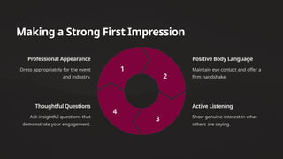 Making a Strong First Impression
Professional Appearance
Dress appropriately for the event
and industry.
1
Positive Body Language
Maintain eye contact and offer a
firm handshake.
2
Active Listening
Show genuine interest in what
others are saying.
3
Thoughtful Questions
Ask insightful questions that
demonstrate your engagement.
4
 