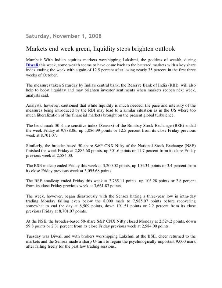 Business News Of India Daily Nov 1 2008 Markets End Week Green Liqu