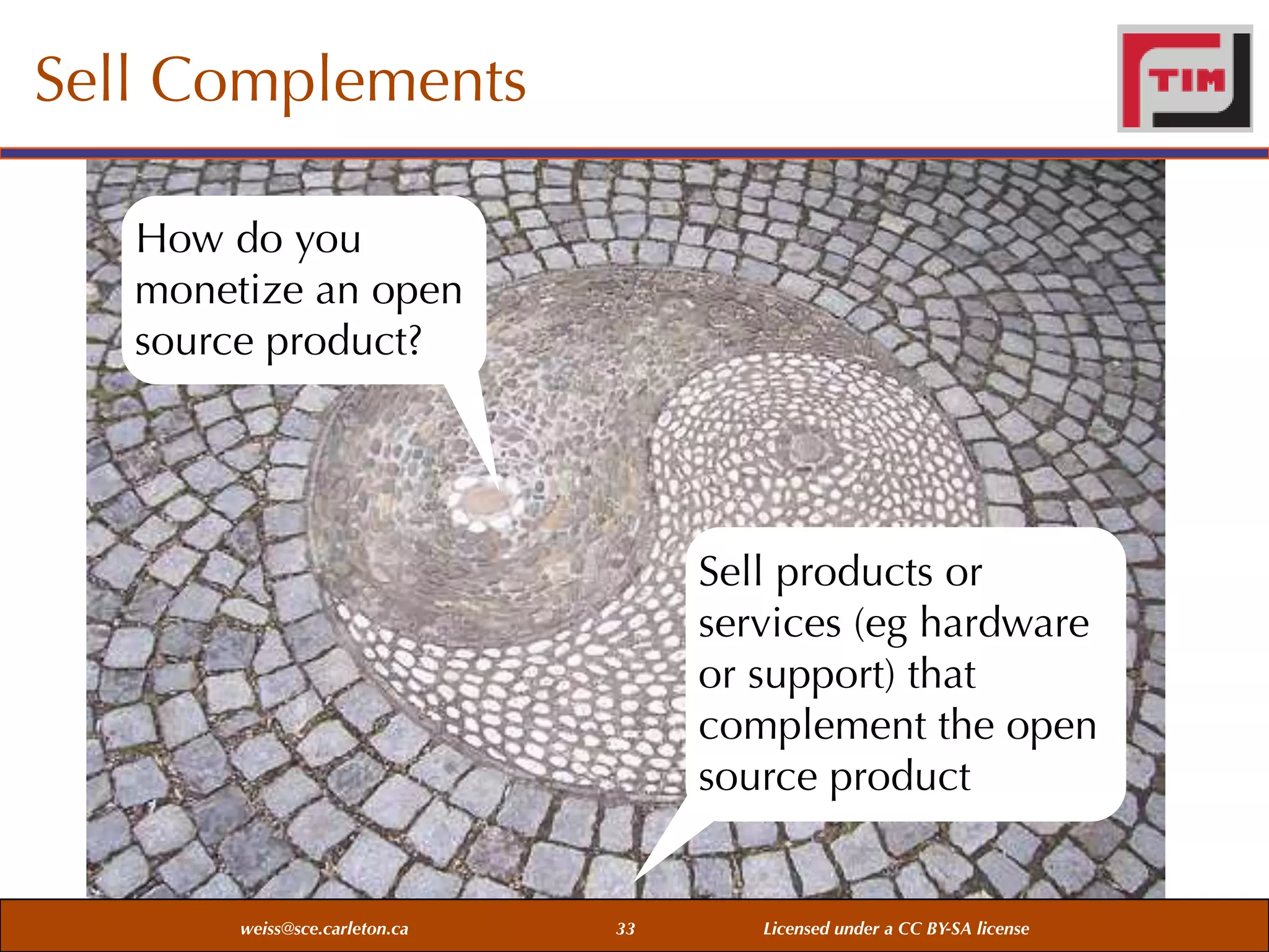 Sell Complements
How do you
monetize an open
source product?

Sell products or
services (eg hardware
or support) that
complement the open
source product

weiss@sce.carleton.ca

33

Licensed under a CC BY-SA license

 