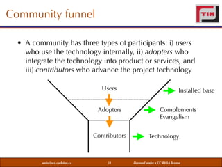 Community funnel
• A community has three types of participants: i) users
who use the technology internally, ii) adopters who
integrate the technology into product or services, and
iii) contributors who advance the project technology
Users
Adopters

Contributors

weiss@sce.carleton.ca

31

Installed base
Complements
Evangelism
Technology

Licensed under a CC BY-SA license

 