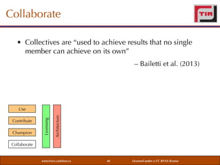 Collaborate
• Collectives are “used to achieve results that no single
member can achieve on its own”
– Bailetti et al. (2013)

Champion

Architecture

Contribute

Licensing

Use

Collaborate

weiss@sce.carleton.ca

46

Licensed under a CC BY-SA license

 