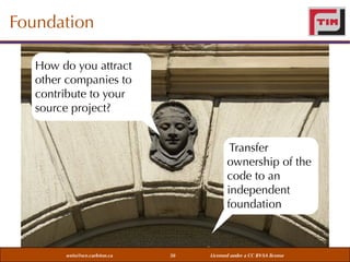 Foundation
How do you attract
other companies to
contribute to your
source project?
Transfer
ownership of the
code to an
independent
foundation

weiss@sce.carleton.ca

50

Licensed under a CC BY-SA license

 