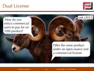 Dual License
Link (2012)

How do you
entice commercial
users to pay for an
OSS product?

Offer the same product
under an open source and
a commercial license

weiss@sce.carleton.ca

60

Licensed under a CC BY-SA license

 