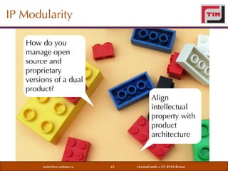 IP Modularity
How do you
manage open
source and
proprietary
versions of a dual
product?

weiss@sce.carleton.ca

Align
intellectual
property with
product
architecture

63

Licensed under a CC BY-SA license

 