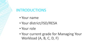 INTRODUCTIONS
▪ Your name
▪ Your district/ISD/RESA
▪ Your role
▪ Your current grade for Managing Your
Workload (A, B, C, D, F)
 