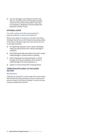 78 Salons Business Package Insurance General Property cover 		 		 	 		
	
6) 	 loss of or damage to any Property Insured in the
open air caused by wind, rain (including rainwater
runoff over the surface of the land) or hail unless
such property is designed to function without the
protection of walls or roofs.
OPTIONAL COVER
Fire, theft, collision and other expressed perils –
optional reduction in cover (cover option A)
When cover option A is shown as insured in the Policy
Schedule, We will insure the Property Insured described
in the Policy Schedule under this cover section for loss
or damage caused by:
a)	 fire, lightening, explosion, storm, water, earthquake,
impact by vehicle and aircraft, malicious damage or
vandalism;
b)	 theft following forcible and violent entry which causes
visible damage to a locked vehicle or building;
c)	 theft of equipment securely attached to a vehicle
through use of locks or padlocks, which results in
visible damage to the securing devices; or
d)	 collision or overturning of the conveying vehicle.
CONDITION APPLICABLE TO THIS COVER
SECTION
Reinstatement
If We pay an amount for a claim under this cover section
We will automatically reinstate the Sum Insured to the
amount shown in the Policy Schedule. You will not have
to pay any additional premium.
 