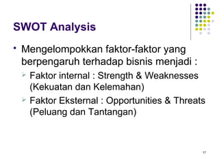 SWOT Analysis
   Mengelompokkan faktor-faktor yang
    berpengaruh terhadap bisnis menjadi :
       Faktor internal : Strength & Weaknesses
        (Kekuatan dan Kelemahan)
       Faktor Eksternal : Opportunities & Threats
        (Peluang dan Tantangan)



                                                 17
 