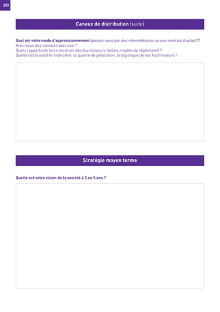 20
20
Quel est votre mode d'approvisionnement (passez-vous par des intermédiaires ou une centrale d’achat) ?
Avez-vous des contacts avec eux ?
Quels rapports de force vis-à-vis des fournisseurs (délais, modes de règlement) ?
Quelle est la solidité financière, la qualité de prestation, la logistique de vos fournisseurs ?
Quelle est votre vision de la société à 3 ou 5 ans ?
Canaux de distribution (suite)
Stratégie moyen terme
 