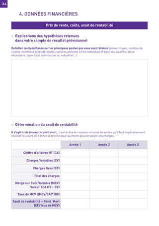 24
24
n Explications des hypothèses retenues
dans votre compte de résultat prévisionnel
Détailler les hypothèses sur les principaux postes que vous avez retenus (panier moyen, nombre de
clients, nombre d’actes de ventes, salaires prélevés à titre individuel et pour vos salariés, stock
nécessaire, loyer local commercial ou industriel…)
n Détermination du seuil de rentabilité
Il s’agit ici de trouver le point mort, c'est-à-dire le montant minimal de ventes qu’il faut impérativement
réaliser au cours de l’année d’activité pour au moins pouvoir payer vos charges.
Prix de vente, coûts, seuil de rentabilité
Année 1 Année 2 Année 3
Chiffre d’affaires HT (CA)
Charges Variables (CV)
Charges fixes (CF)
Total des charges
Marge sur Coût Variable (MCV)
Valeur (CA HT - CV)
Taux de MCV ((MCV/CA)*100)
Seuil de rentabilité – Point Mort
(CF/Taux de MCV)
4. DONNÉES FINANCIÈRES
 