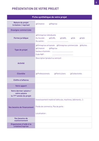 PRÉSENTATION DE VOTRE PROJET
5
5
Nature du projet
(création / reprise)
q Création q Reprise
Enseigne commerciale
Forme juridique
q Entreprise individuelle
Ou Société : q EURL q SARL q SA q SAS
Ou autres : ..........................................
Type de projet
q Entreprise artisanale q Entreprise commerciale q Autres
q Création q Reprise
Secteur d’activité : ..........................................
Code NAF : ..........................................
Activité
Description (produit ou service) :
Clientèle q Professionnels q Particuliers q Collectivités
Chiffre d'affaires
Votre apport
Votre dernier salaire /
votre salaire
la 1ère année du projet
Vos besoins de financement
Investissement matériel (véhicule, machines, bâtiments…) :
Fonds de commerce, Pas de porte :
Localisation :
Vos besoins de
cautionnement
Organismes d’aide à la
création/reprise
Fiche synthétique de votre projet
 