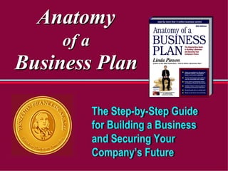 Anatomy
Anatomy
of a
of a
Business Plan
Business Plan
The Step-by-Step Guide
for Building a Business
and Securing Your
Company’s Future
The Step-by-Step Guide
for Building a Business
and Securing Your
Company’s Future
 