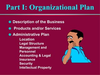 Part I: Organizational Plan
z Description of the Business
z Products and/or Services
z Administrative Plan
Location
Legal ...