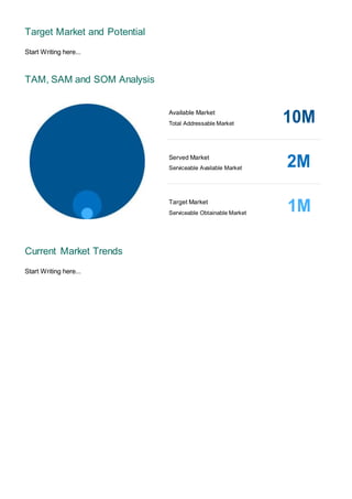 Target Market and Potential
Start Writing here...
TAM, SAM and SOM Analysis
Available Market
10M
Total Addressable Market
Served Market
2M
Serviceable Available Market
Target Market
1M
Serviceable Obtainable Market
Current Market Trends
Start Writing here...
 