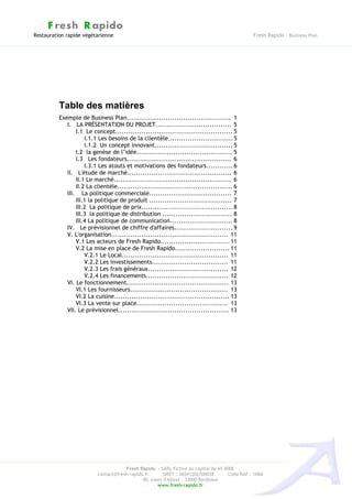 F resh R apido
Restauration rapide végétarienne                                                                Fresh Rapido – Business Plan




          Table des matières
          Exemple de Business Plan................................................ 1
             I. LA PRÉSENTATION DU PROJET................................... 5
                 I.1 Le concept...................................................... 5
                     I.1.1 Les besoins de la clientèle.............................. 5
                     I.1.2 Un concept innovant.................................... 5
                 I.2 la genèse de l’idée............................................ 5
                 I.3 Les fondateurs................................................ 6
                     I.3.1 Les atouts et motivations des fondateurs............ 6
             II. L'étude de marché................................................ 6
                 II.1 Le marché...................................................... 6
                 II.2 La clientèle..................................................... 6
             III. La politique commerciale...................................... 7
                 III.1 la politique de produit ...................................... 7
                 III.2 La politique de prix.......................................... 8
                 III.3 la politique de distribution ................................ 8
                 III.4 La politique de communication............................. 8
             IV. Le prévisionnel de chiffre d'affaires........................... 9
             V. L'organisation...................................................... 11
                 V.1 Les acteurs de Fresh Rapido................................ 11
                 V.2 La mise en place de Fresh Rapido......................... 11
                     V.2.1 Le Local................................................. 11
                     V.2.2 Les investissements................................... 11
                     V.2.3 Les frais généraux..................................... 12
                     V.2.4 Les financements...................................... 12
             VI. Le fonctionnement............................................... 13
                 VI.1 Les fournisseurs............................................. 13
                 VI.2 La cuisine..................................................... 13
                 VI.3 La vente sur place.......................................... 13
             VII. Le prévisionnel................................................... 13




                                       Fresh Rapido – SARL Fictive au capital de 65 000€
                           contact@fresh-rapido.fr       SIRET : 36541202700038       Code NAF : 100A
                                               40, cours d'Albret – 33000 Bordeaux
                                                      www.fresh-rapido.fr
 