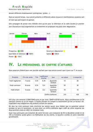 F resh R apido
Restauration rapide végétarienne                                                              Fresh Rapido – Business Plan

devant différents établissement (entreprises, lycées...).

Dans un second temps, nous seront présents à différents salons locaux et manifestations scolaires soit
en tant que participant et sponsor.

Une campagne de presse sera réalisée ainsi qu'une pour la télévision et la radio locales.Le premier
jour d'ouverture nous organiserons un événement en proposant nos plats avec dégustation.



Janvier            Février             Mars                 Avril                 Mai                 Juin




Prospectus :  500€                                         Ouverture: dégustation 
Spot Radio et télévision:  1500 €                          Salons:  1500 €
Presse :  150 €




IV. LE PRÉVISIONNEL DE CHIFFRE D'AFFAIRES
Nous poserons d'abord pour une journée sachant que nous serons ouvert que 6 jours sur 7. en euros


                                                coefficient
    Produits         Prix de vente      TVA                         jour             sur place          à emporter
                                                  d'achat
fresh vegetarien        7 euros         5,5%        0,35         Quantités               15                   20
                                                                  vendues
 fresh carnivore        8 euros         5,5%         0,4          quantités              20                   30
                                                                   vendues
   fresh enfant         5 euros         5,5%         0,3          quantités              10                   10
                                                                   vendues
                                                         Chiffre d'affaires             315                  430             745


Soit pour une semaine: 6*840=5040 euros et par mois: 5040*4=20160 euros. Nous considérerons ce CA
mensuel comme un un CA moyen. Il faudra prendre en compte la saisonnalité qui est un facteur clé.
Cependant nous adapterons nos produits suivant les saisons.
De plus les trois premiers mois d'activité les ventes seront plus faibles que le potentiel estimé
puisque ce sera le lancement, on aura donc un chiffre d'affaires égal à 60% de cette moyenne les
deux premiers mois et à 80 % le troisième mois.
Aussi nous prévoyons une évolution de notre CA avec une croissance de 5% la deuxième année et de
10% la troisième année grâce à la fidélisation de nos clients, le bouche à oreille et notre notoriété
grandissante.



                                     Fresh Rapido – SARL Fictive au capital de 65 000€
                         contact@fresh-rapido.fr       SIRET : 36541202700038       Code NAF : 100A
                                             40, cours d'Albret – 33000 Bordeaux
                                                    www.fresh-rapido.fr
 